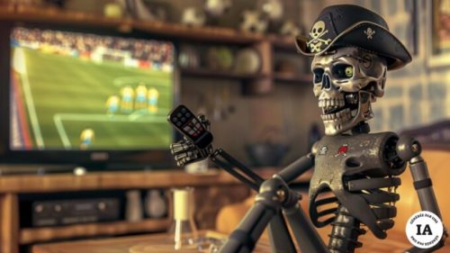 Un robot pirate en train de regarder un match de foot à la télé. // Source : Numerama, avec Midjourney