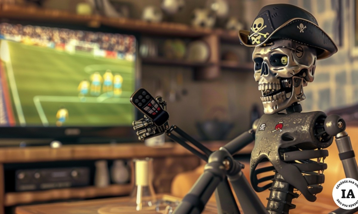 Un robot pirate en train de regarder un match de foot à la télé. // Source : Numerama, avec Midjourney