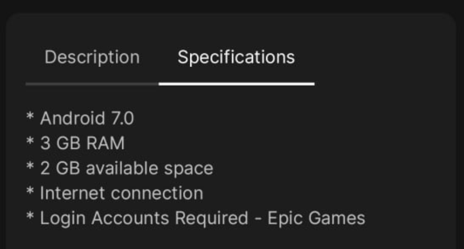 Les caractéristiques demandées par Fall Guys Mobile sur l'Epic Games Store.