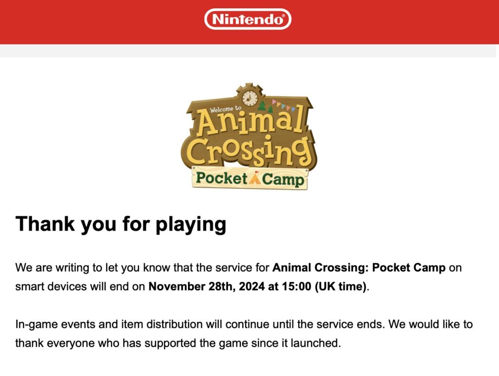 Le mail envoyé par Nintendo aux joueurs d'Animal Crossing Pocket Camp.