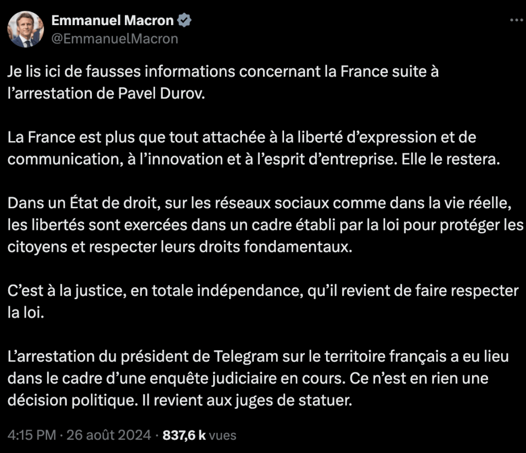 Le tweet d'Emmanuel Macron sur Pavel Durov.