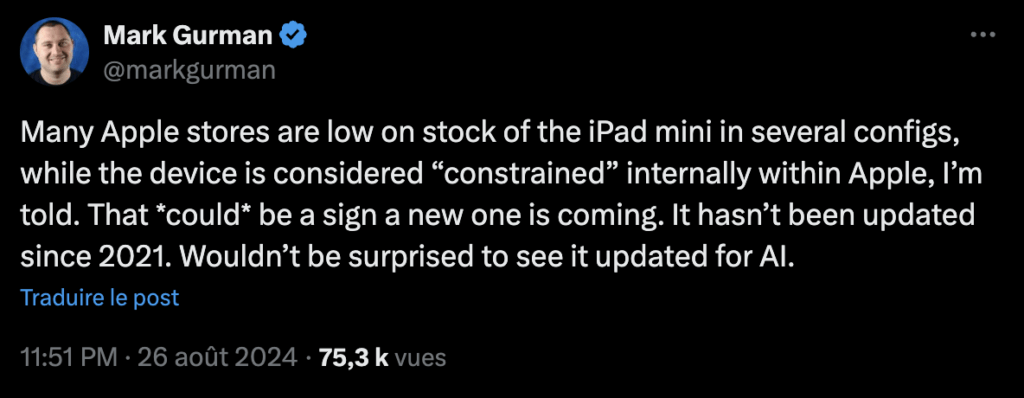 Le journaliste Mark Gurman rapporte l'information d'un épuisement des stocks d'iPad mini. Le journaliste Mark Gurman rapporte l'information d'un épuisement des stocks d'iPad mini.