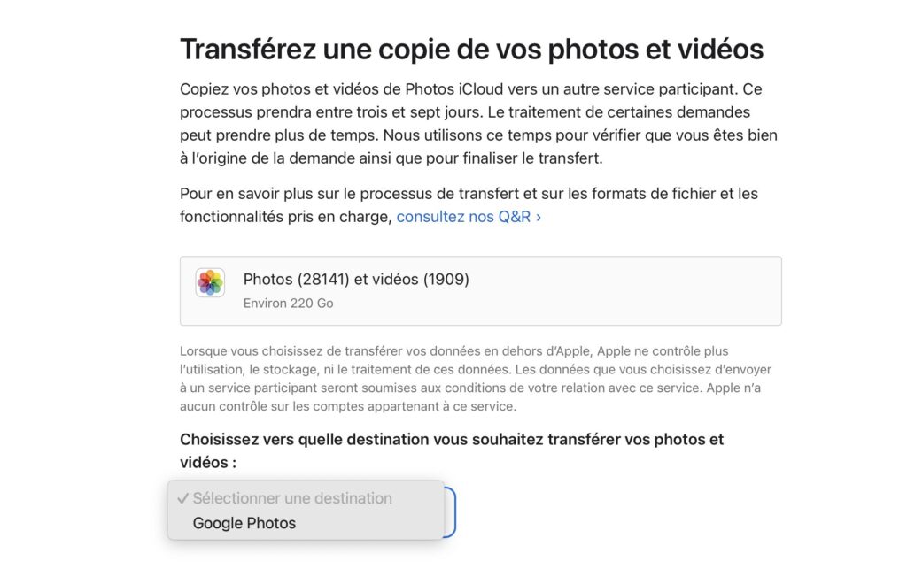 Le transfert d'une photothèque iCloud vers Google Photos.