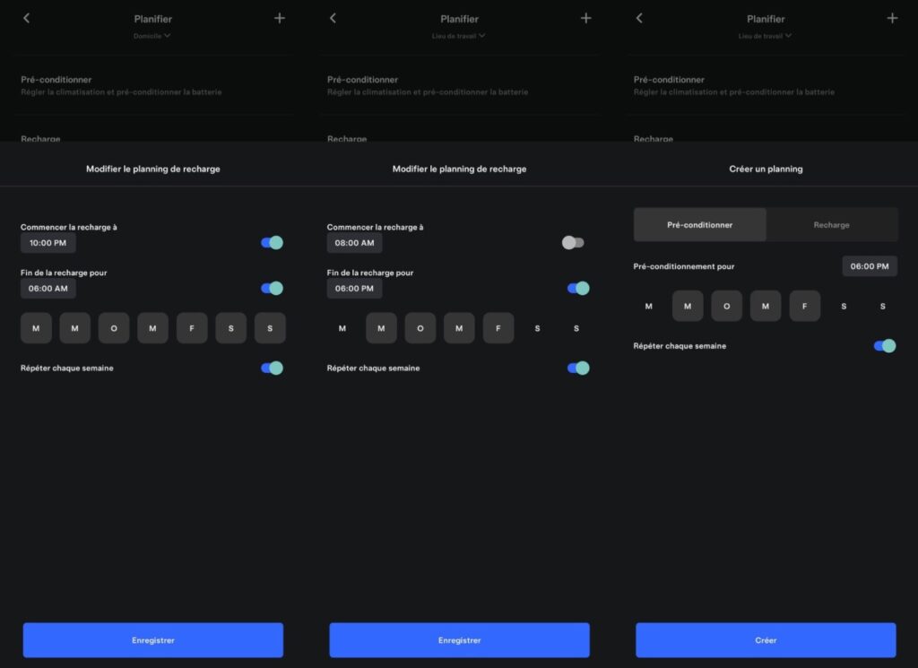 L'application Tesla sur Android pour créer et modifier un planning de recharge ou pré-conditionnement de l'habitacle // Source : Bob JOUY pour Numerama