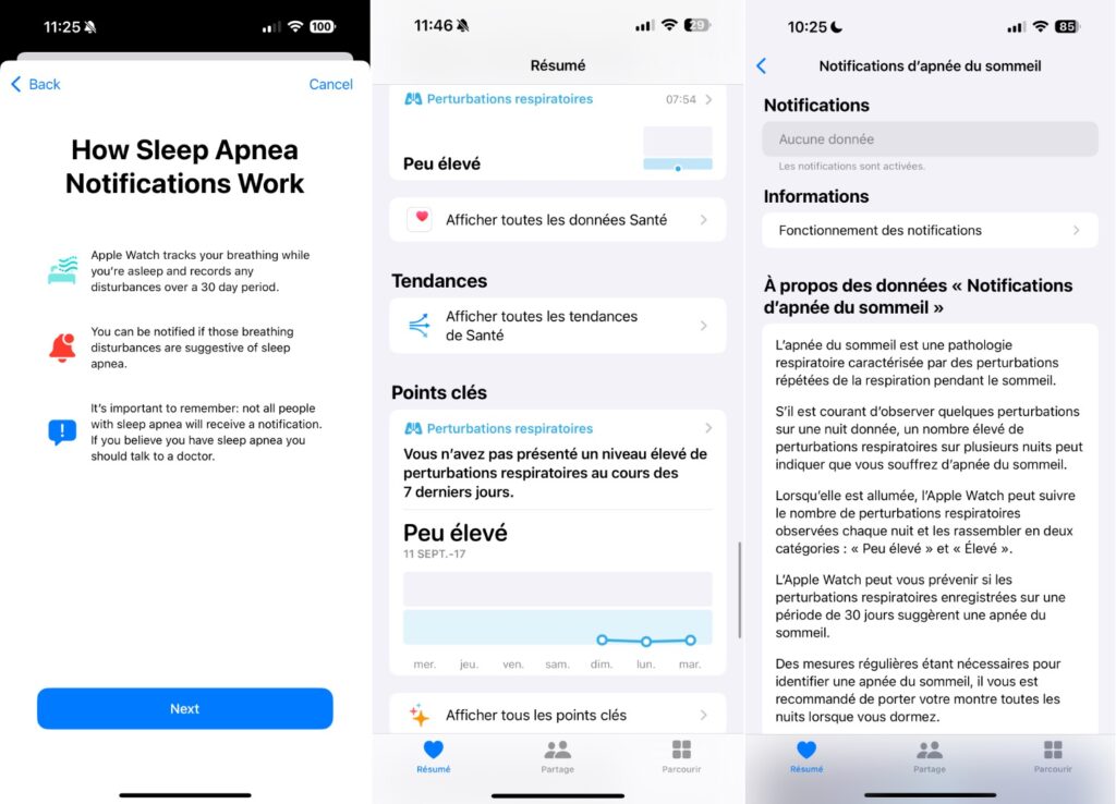 Étrangement, les données mesurées par l'Apple Watch ne sont accessibles que depuis l'application Santé sur iPhone. L'application Sommeil sur Watch ne permet pas de les consulter.