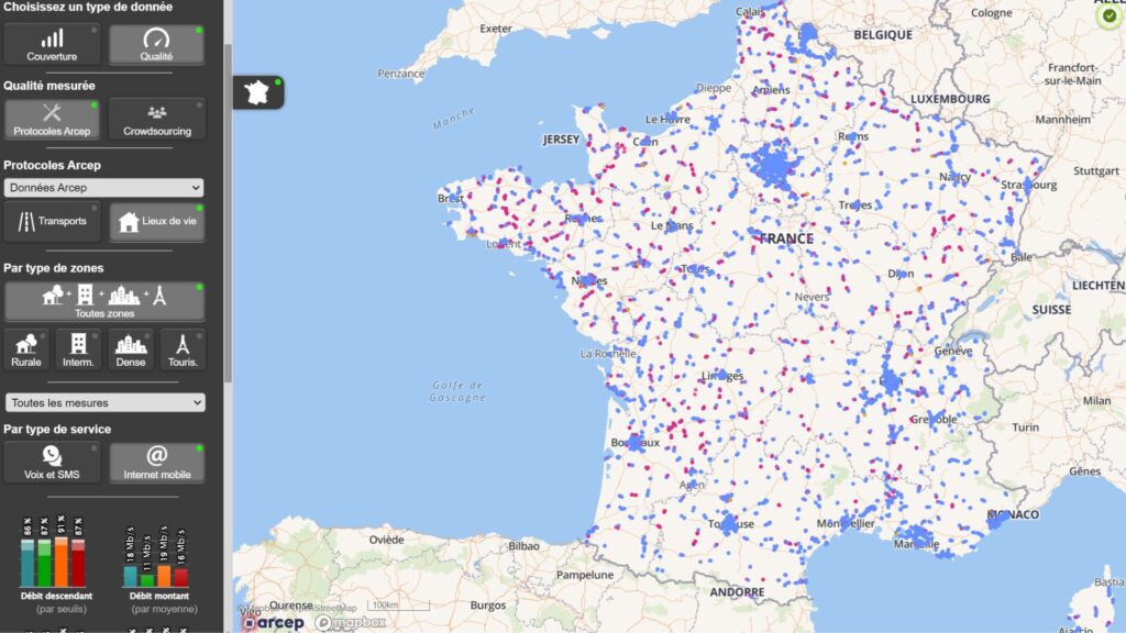 Interactive map of network coverage in France by ARCEP. // Source: Arsib