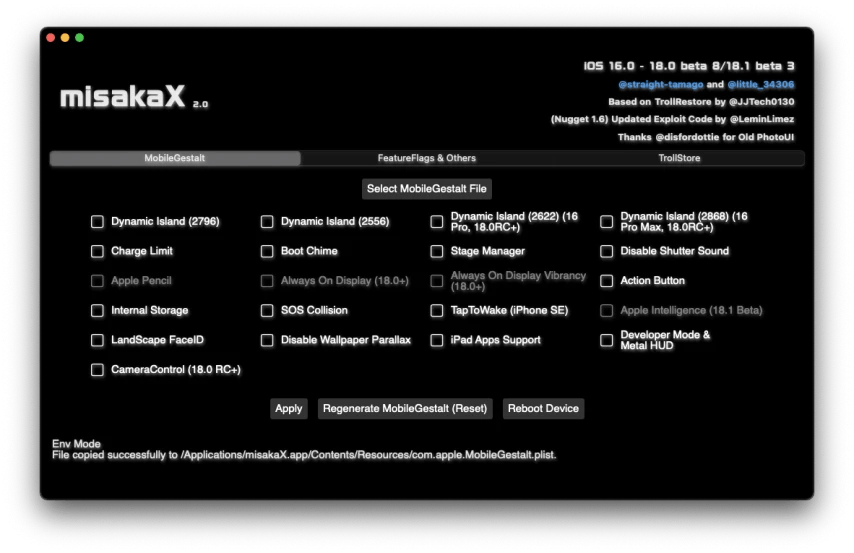 L'interface de misakaX, le logiciel qui permettait de patcher la sauvegarde de son iPhone.