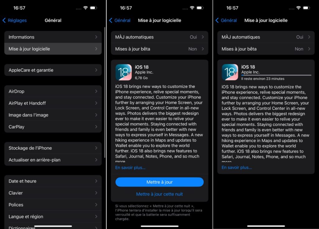 Le téléchargement d'iOS 18 sur un iPhone sous iOS 17.