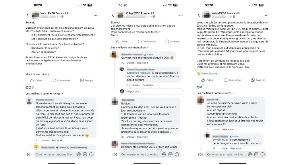 Sur Facebook, les plaintes à propos du EX30 se multiplient // Source : Capture d'écran