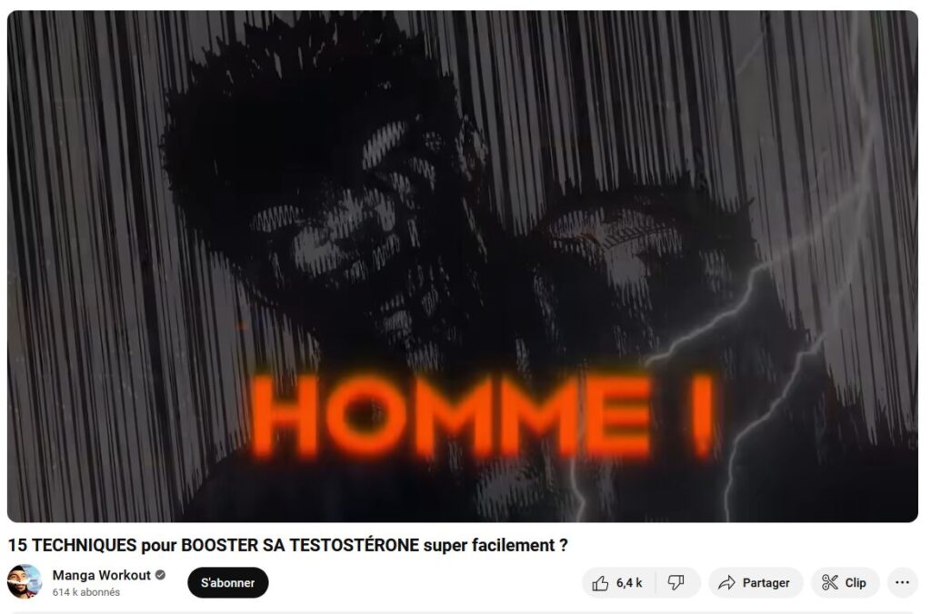 La dernière vidéo de Manga Workout s'ouvre sur une séquence parodique à la "clinique des hommes" où des patients sont soignés pour leur manque de testostérone (note : les théories sur les hormones sont populaires dans les milieux masculinistes, pour en savoir plus lisez cette enquête de ma consœur Pauline Ferrari).