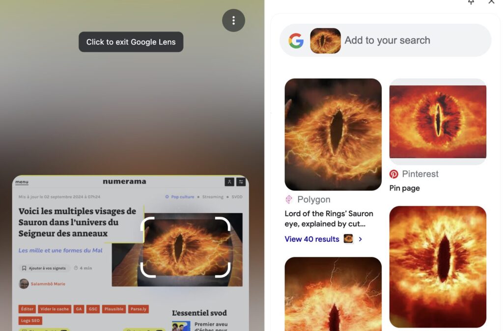 L'affichage des résultats de Googel Lens dans Chrome.