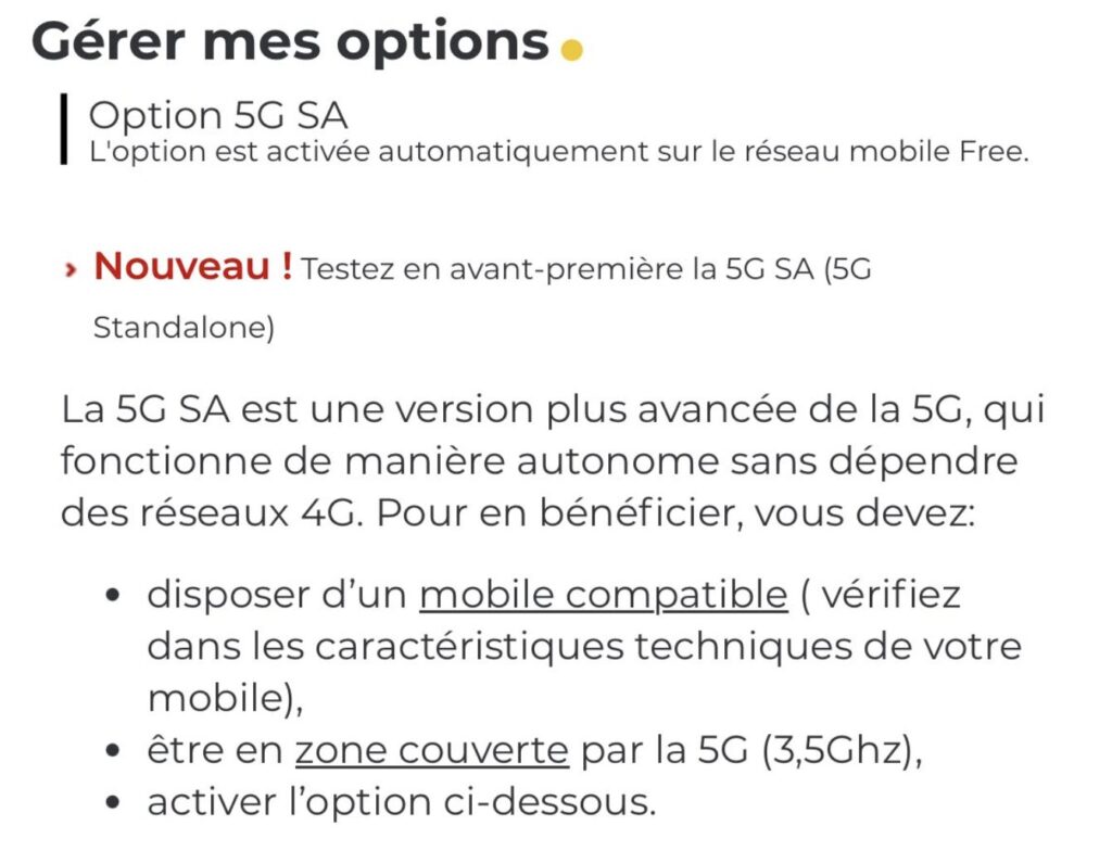 Chez Free, la 5G SA prend la forme d'une option à activer manuellement, en attendant la fin du test.