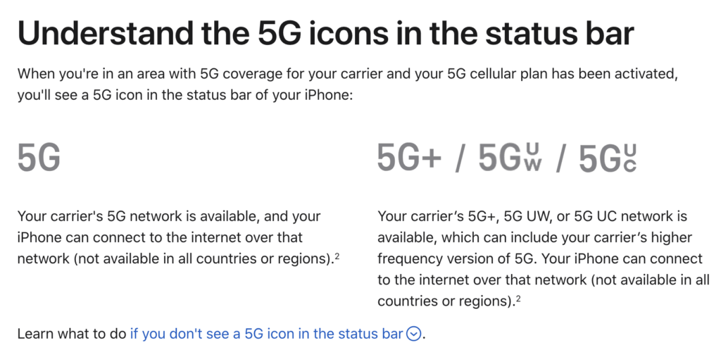 Sur son site américain, Apple est obligé d'expliquer les différents types de 5G. En France, il n'y en a qu'un pour l'instant. La 5G+ pourrait rester 5G dans la barre de statut.