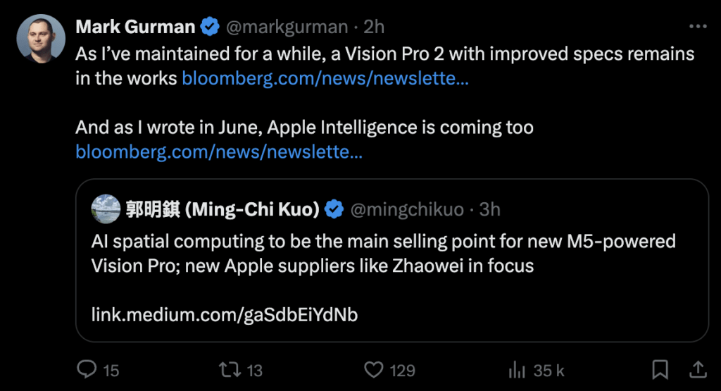 Mark Gurman, qui a toujours démenti la rumeur de l'annulation du Vision Pro 2, a partagé la publication de Ming-Chi Kuo.