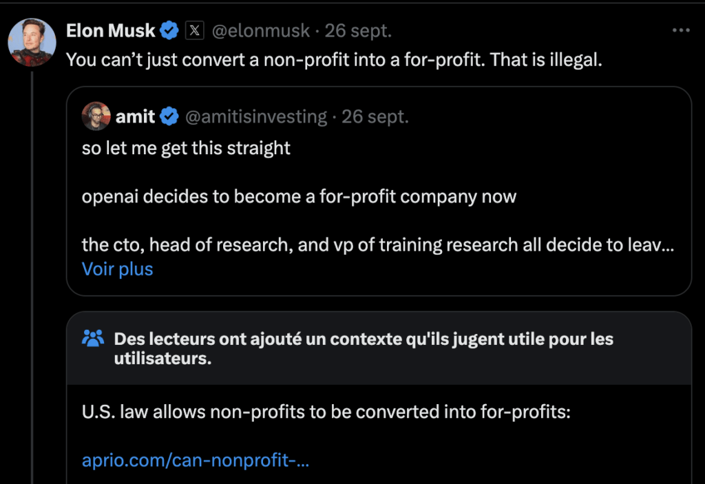 Elon Musk prétend qu'OpenAI agit illégalement, mais c'est faux.