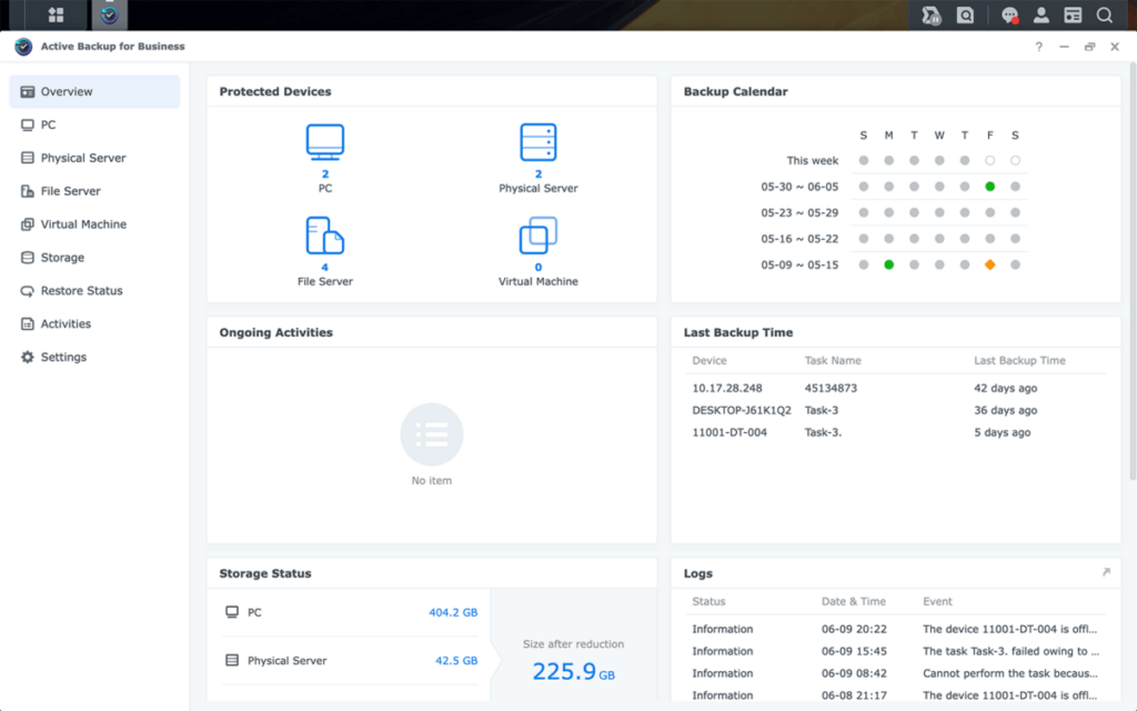 Une interface simple et claire pour gérer tous vos backups // Source : Synology