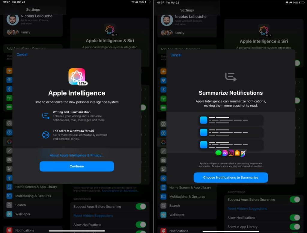 Une fois un compte App Store américain configuré, les réglages d'Apple Intelligence se débloquent.