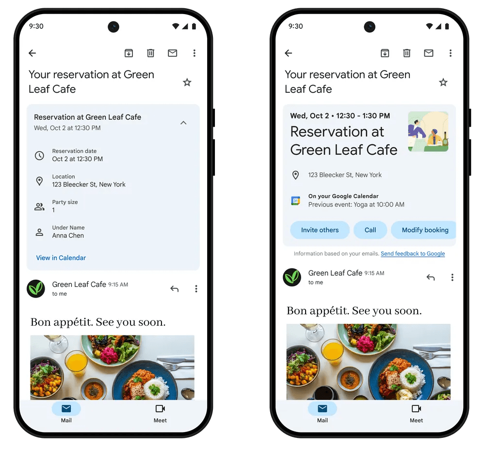 Vous pouvez gérer une réservation pour un restaurant directement dans Gmail // Source : Google