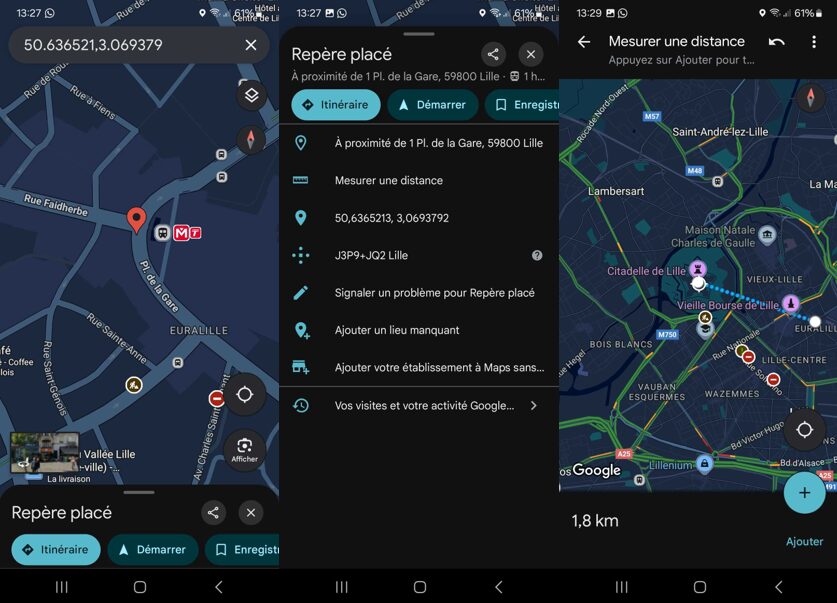 les étapes pour calculer une distance à vol oiseau sur l'application mobile google maps