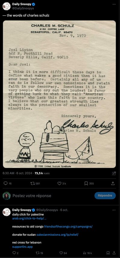 Une lettre de Charles Schulz à un fan en 1970 // Source : Daily Snoopy via X