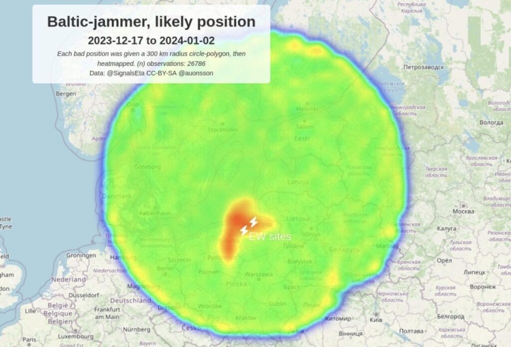 La zone de brouillage autour de Kaliningrad. // Source : Markus Jönsson / X