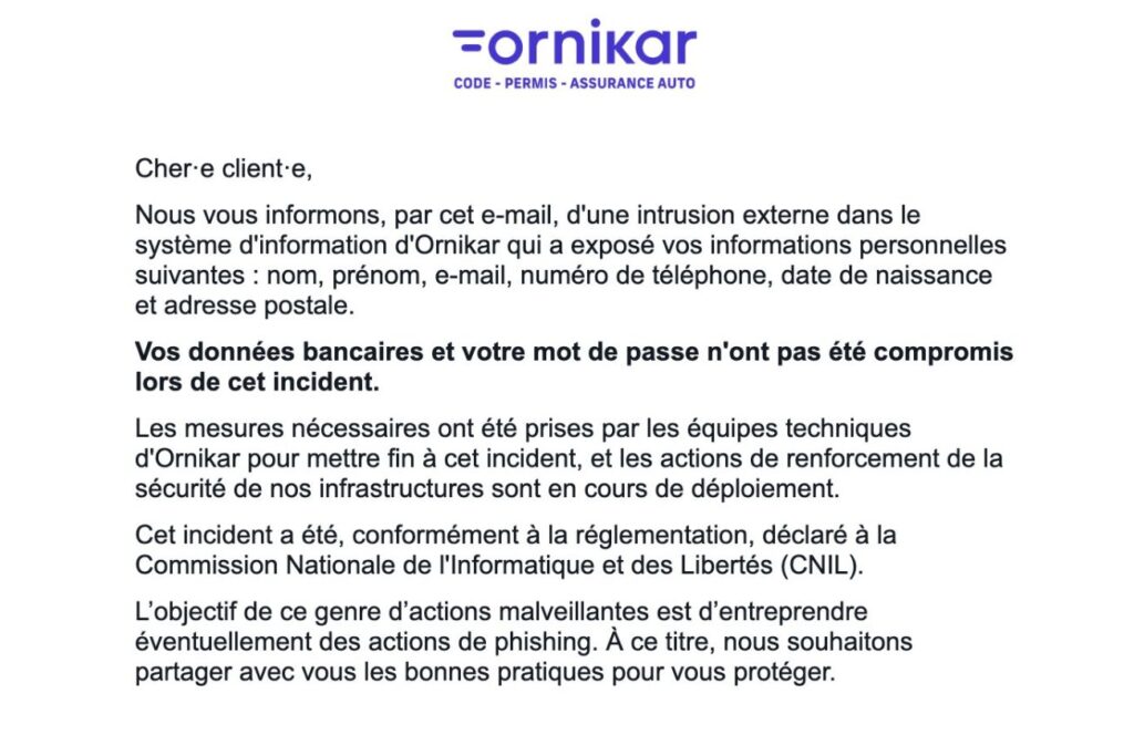 Le mail envoyé aux clients de Ornikar. // Source : Numerama