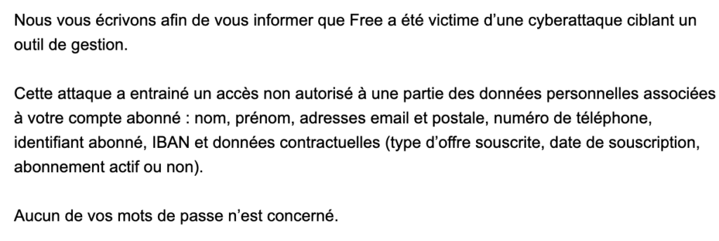 Un mail reçu par un client Free. // Source : Numerama