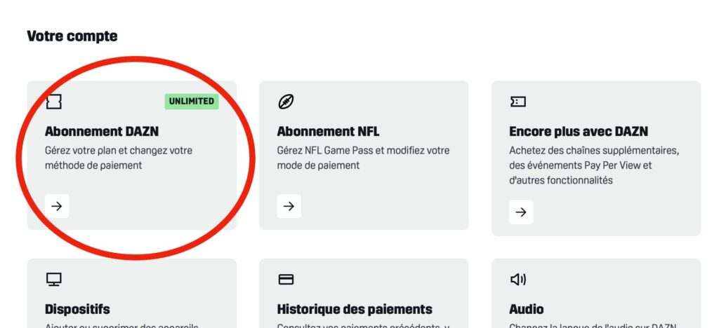 La gestion de l'abonnement se cache dans le sous-menu dédié sur DAZN.