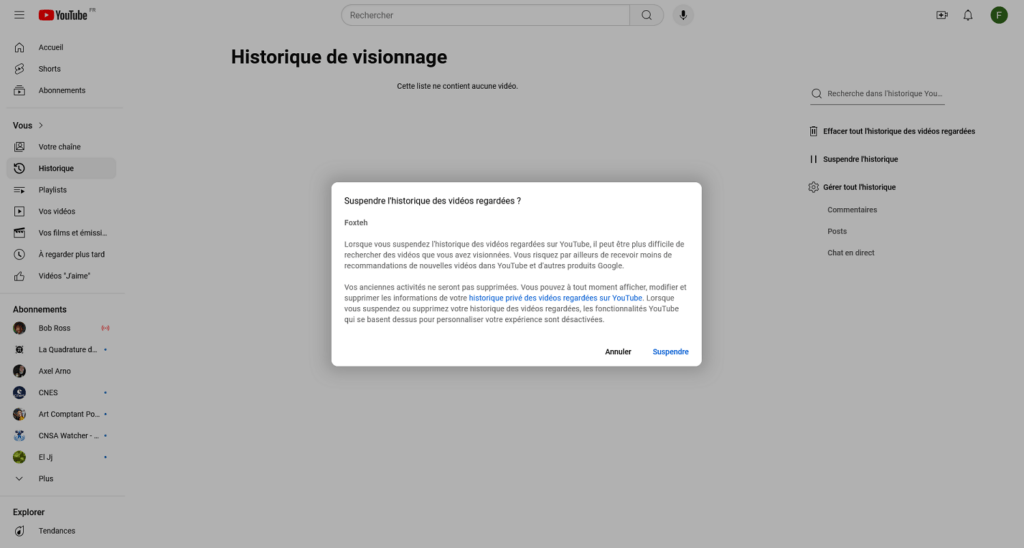 Désactiver l'historique de YouTube // Source : Capture d'écran
