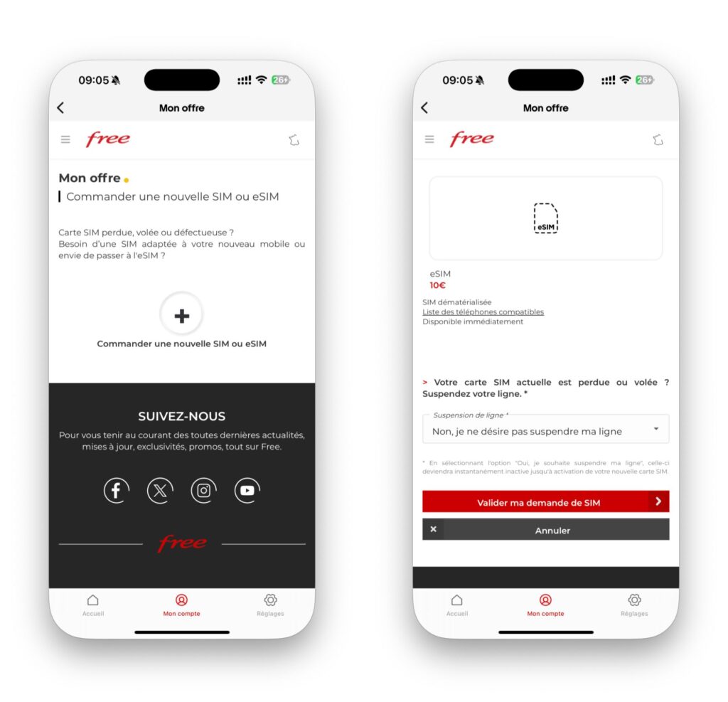 La commande d'une carte eSIM dans l'application iOS Free Mobile // Source : Numerama