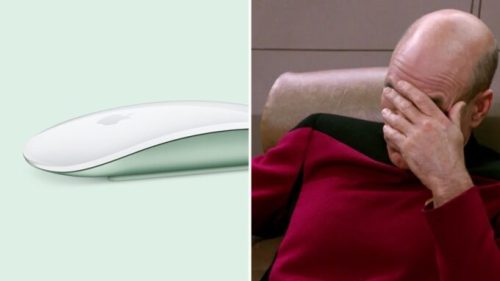 « Les acheteurs du nouvel iMac devant la Magic Mouse » // Source : Montage Numerama