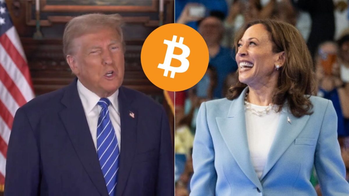 Donald Trump et Kamala Harris, avec un logo Bitcoin. // Source : Montage Numerama / Images Instagram/X