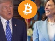 Donald Trump et Kamala Harris, avec un logo Bitcoin. // Source : Montage Numerama / Images Instagram/X