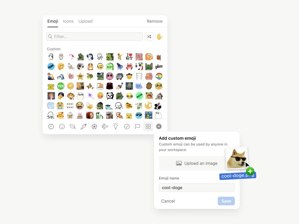 Les emojis personnalisés dans Notion // Source : Notion