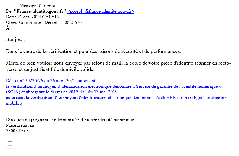 Un faux mail de France Identité. // Source : X / France Identité