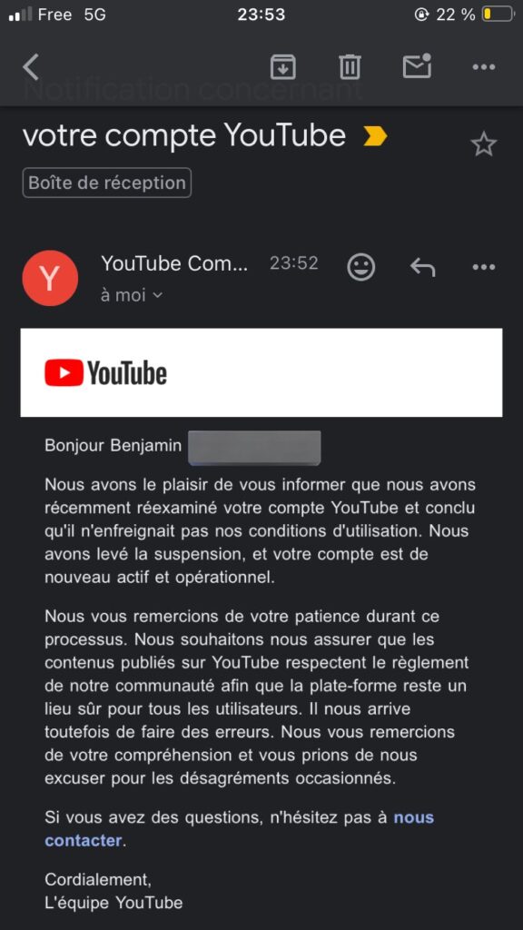 Le mail de YouTube prévenant les créateurs du rétablissement de leur chaîne // Source : Phenix via X