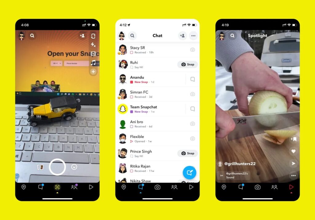 L'interface actuelle de Snapchat. À l'avenir, le flux vidéo Spotlight pourrait s'intégrer partout.