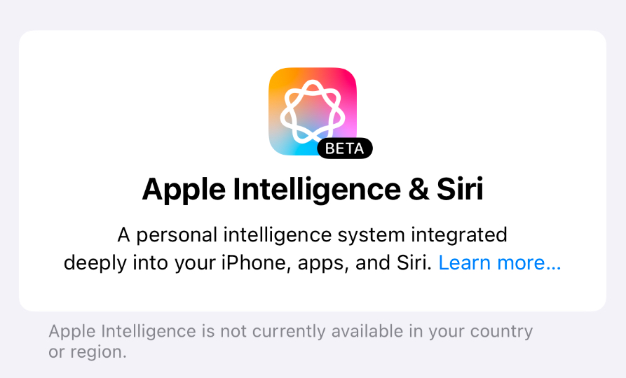 Depuis l'UE, le menu Apple Intelligence indique que le service est bloqué dans la région.