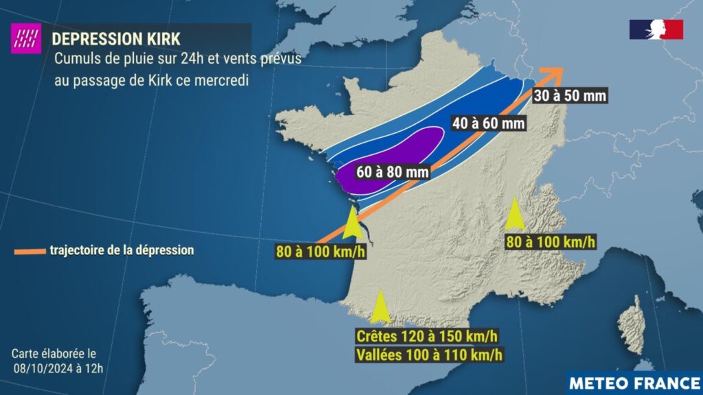 Les prévisions pluies et vents en France pour le mercredi 9 octobre 2024. // Source : Météo France