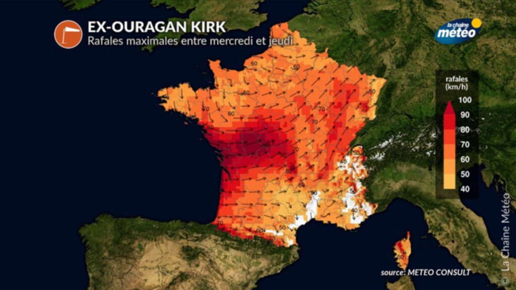 Trajectoire prévisionnelle de l'ouragan Kirk à partir du 9 octobre 2024. // Source : La Chaîne Météo / Meteo Consult