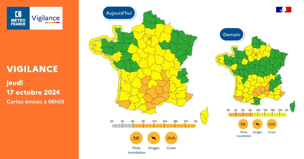 Carte de vigilance du 17 octobre 2024. // Source : Meteo France