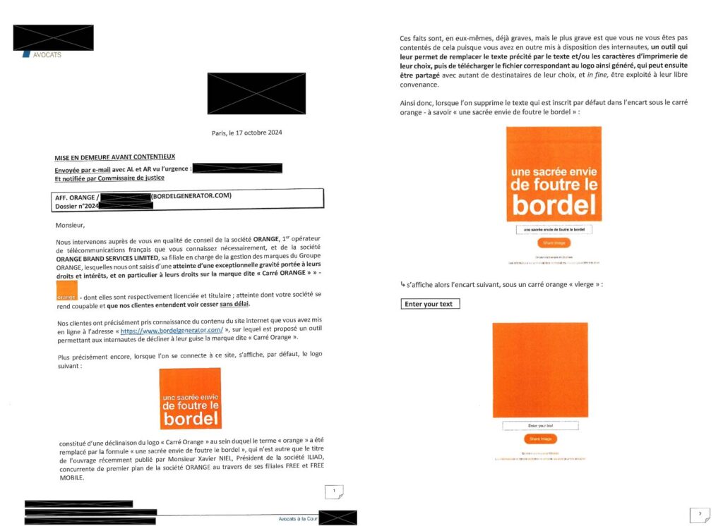 Extrait du courrier d'avocats envoyé par Orange à Xavier Niel.