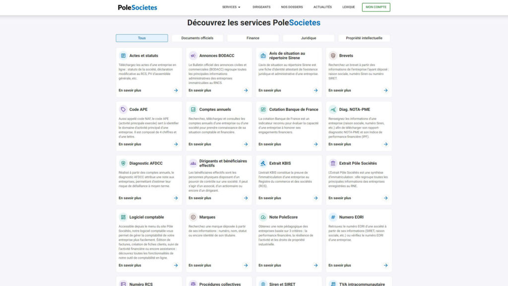 Un aperçu des différents type de documents accessibles sur Pôle Sociétés // Source : Pôle Sociétés