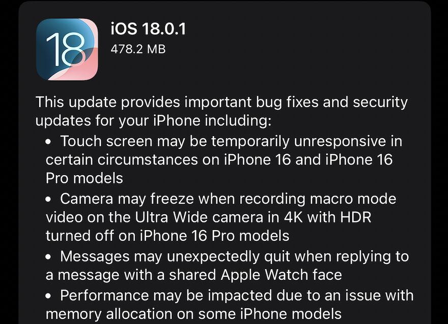 Les notes de mise à jour d'iOS 18.0.1