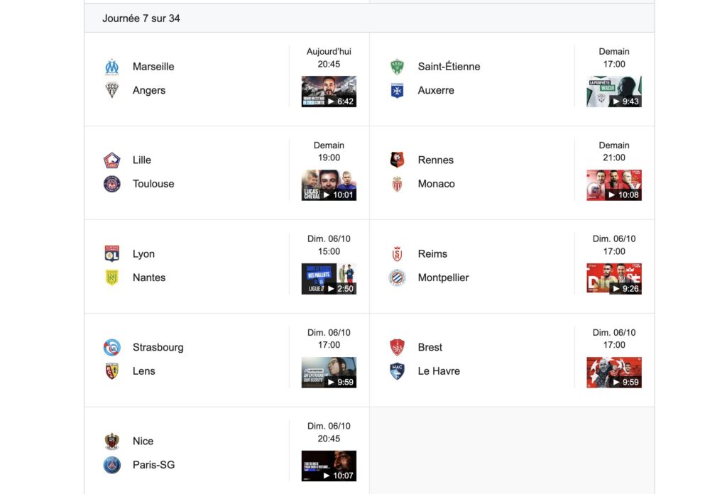 Les matchs de la 7ème journée de Ligue 1.