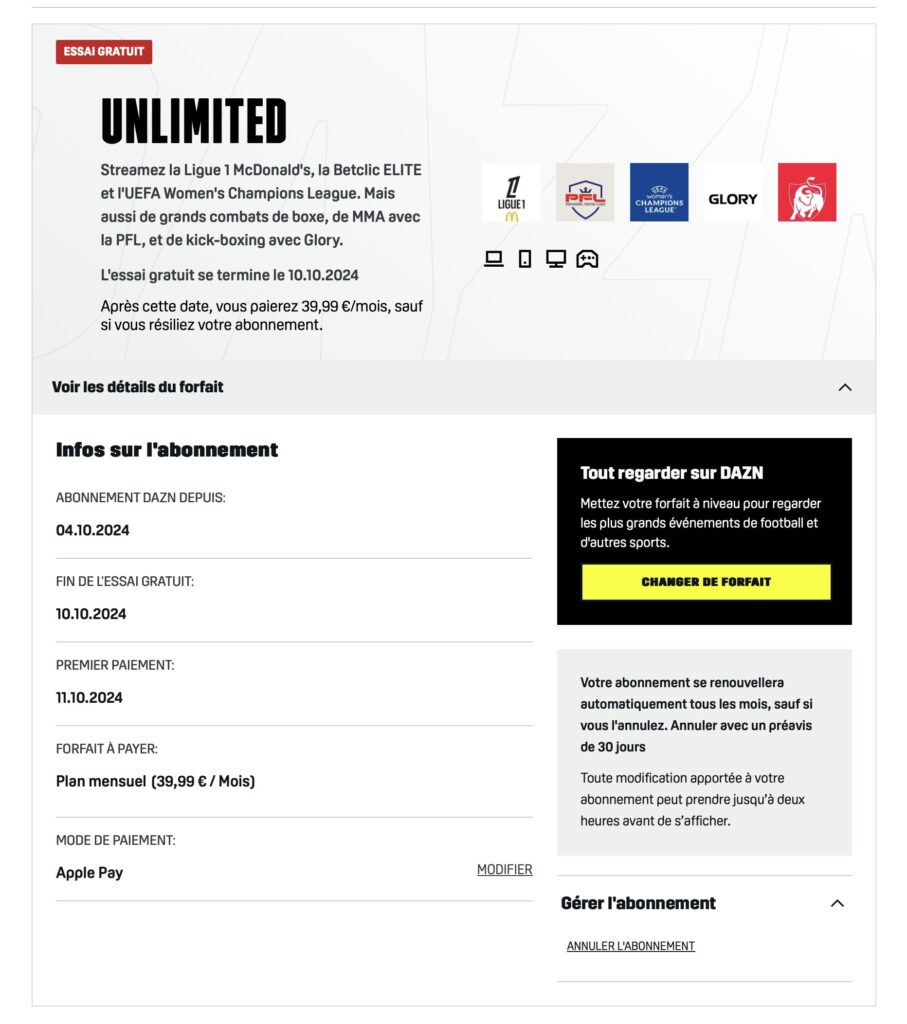 La page de gestion de l'abonnement sur DAZN.