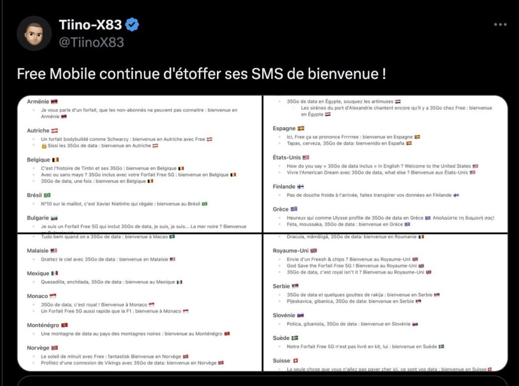 Tiino-X83 recense tous les messages humouristiques de Free.