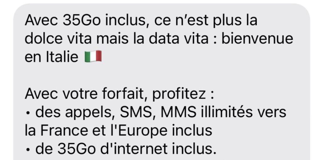 Exemple de SMS reçu en Italie.