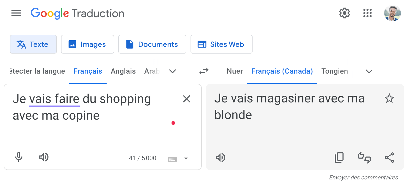 L'interface de Google Traduction avec le mode québécois.