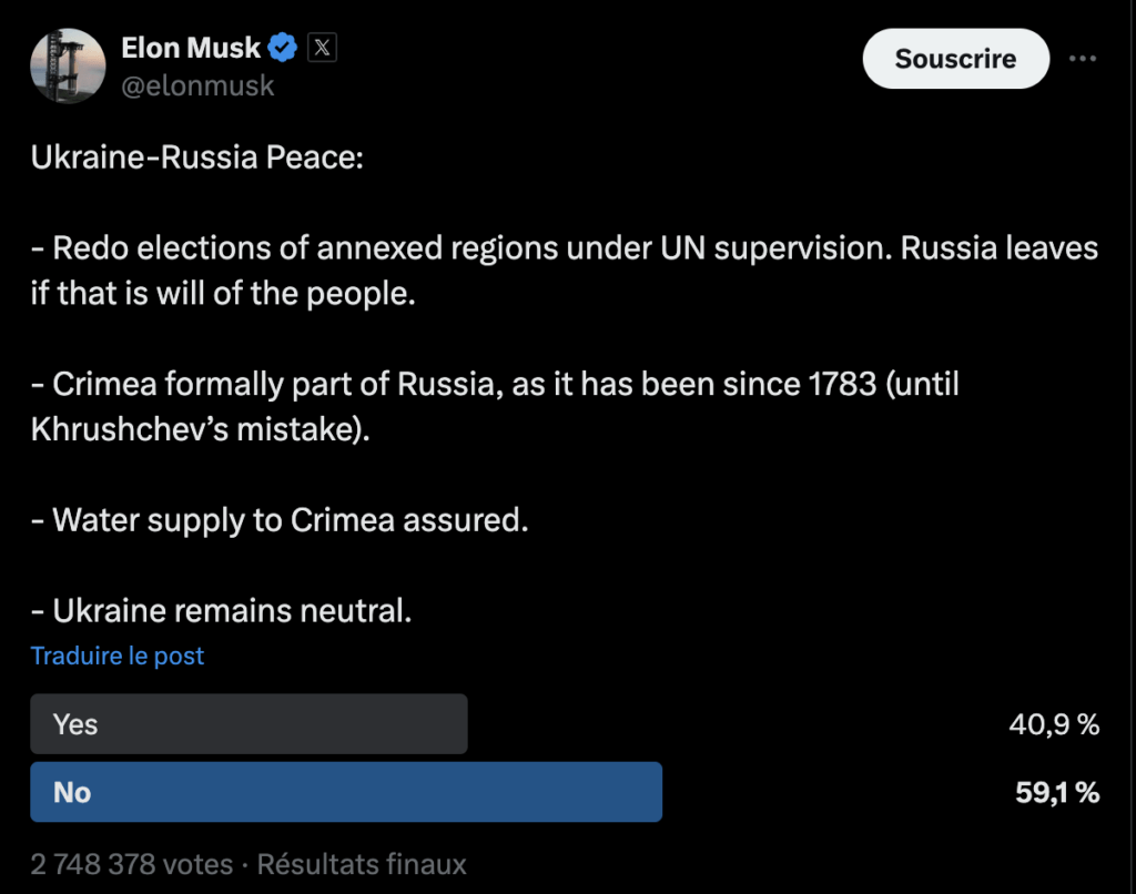 Elon Musk a un plan pour la paix en Ukraine : donner du territoire à la Russie. // Source : X